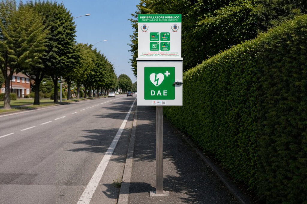 Dispositivo DAE per emergenze cardiache in strada.