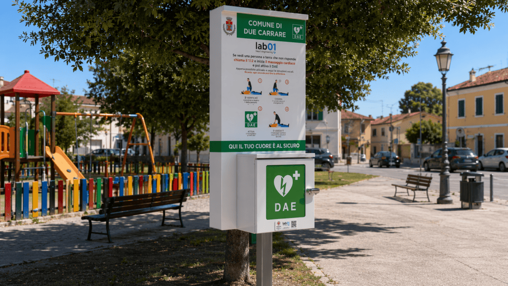 Pannello informativo nel parco di Due Carrare con dettagli su Lab01 e servizi DAE.